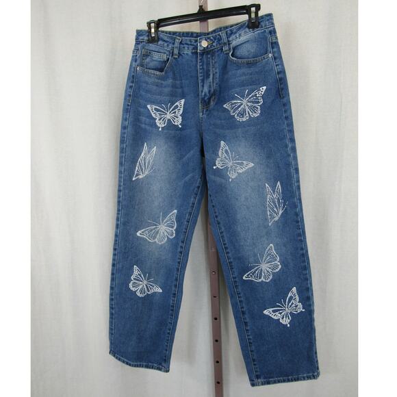 Shein Medium High Waist Butterfly Straight Leg Jeans Medium Blue Denim - Picture 2 of 7